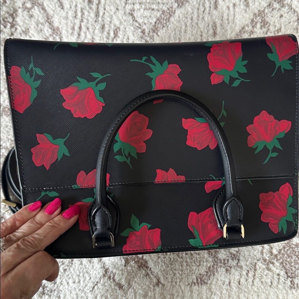 Like-new Kate Spade New York satchel stunning black leather bold red rose print - Picture 5 of 7